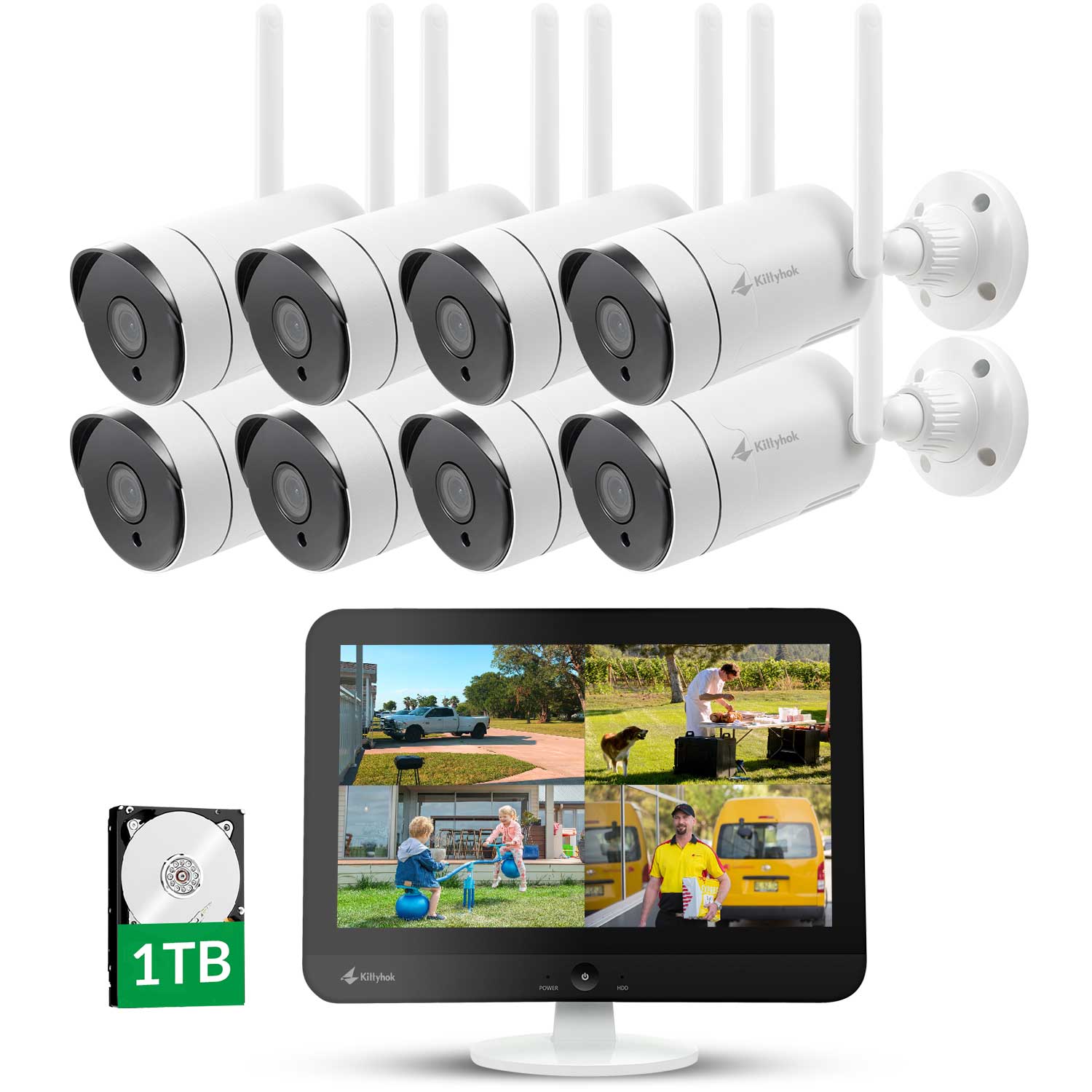 All in One 2K Wireless Security Camera System with 12" HD Monitor with 8 WIFI Camera & 1TB HDD