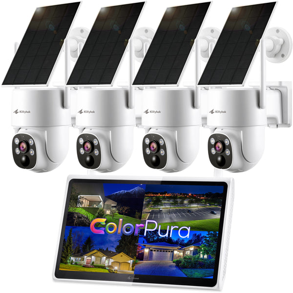 ColorPura All-In-One Solar Security Camera System Outdoor, 4pcs 2K Solar PTZ Security Camera, Pro Color Night Vision, Human Detection, 360 Viewing, WiFi6 & 2.4G/5G | 10CH NVR with 10'' HD Monitor, 60 Days Local Storage