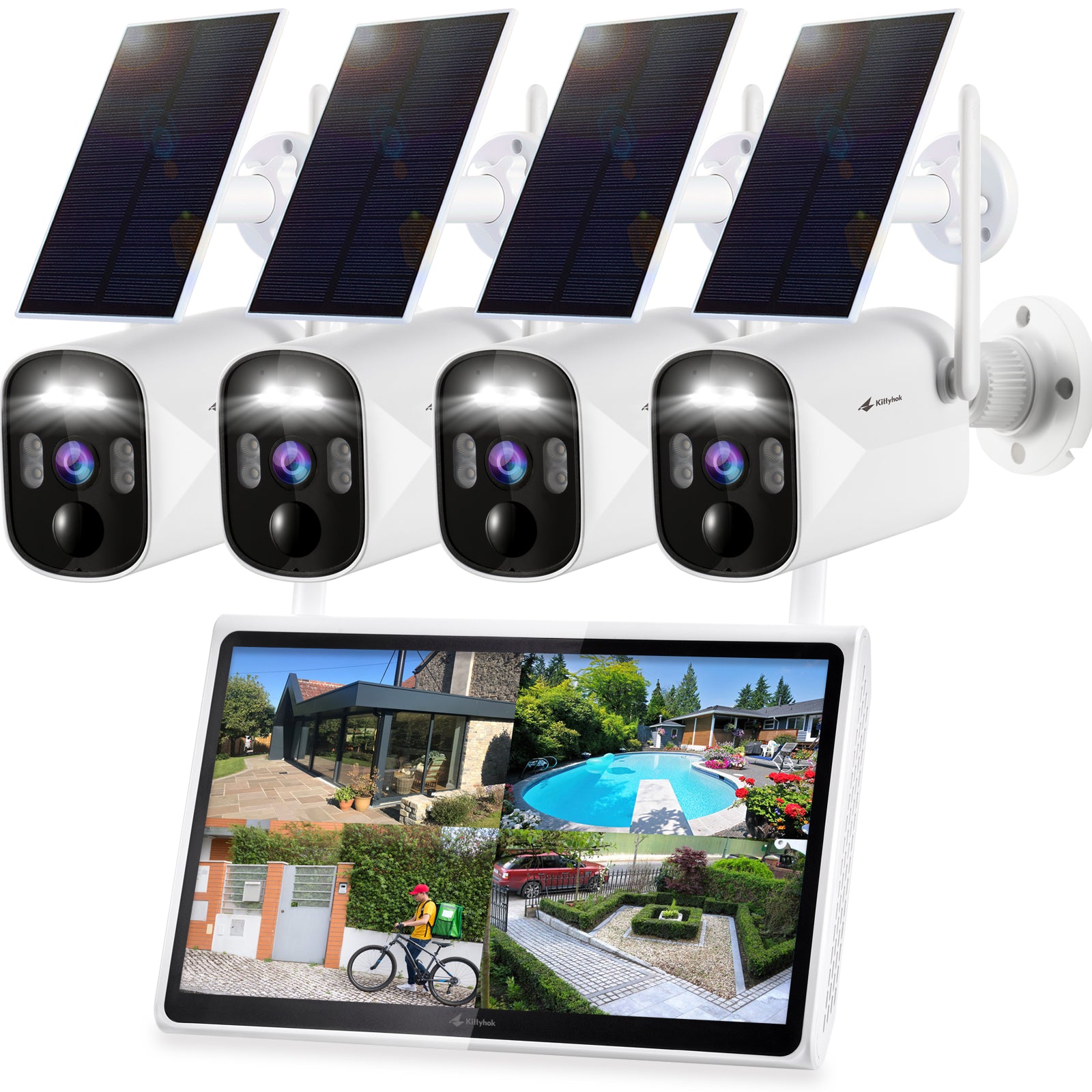 All-In-One Home Solar Security Camera System, 4pcs 2.5K Solar Security Camera Outdoor, 10CH NVR with 10'' IPS HD Monitor