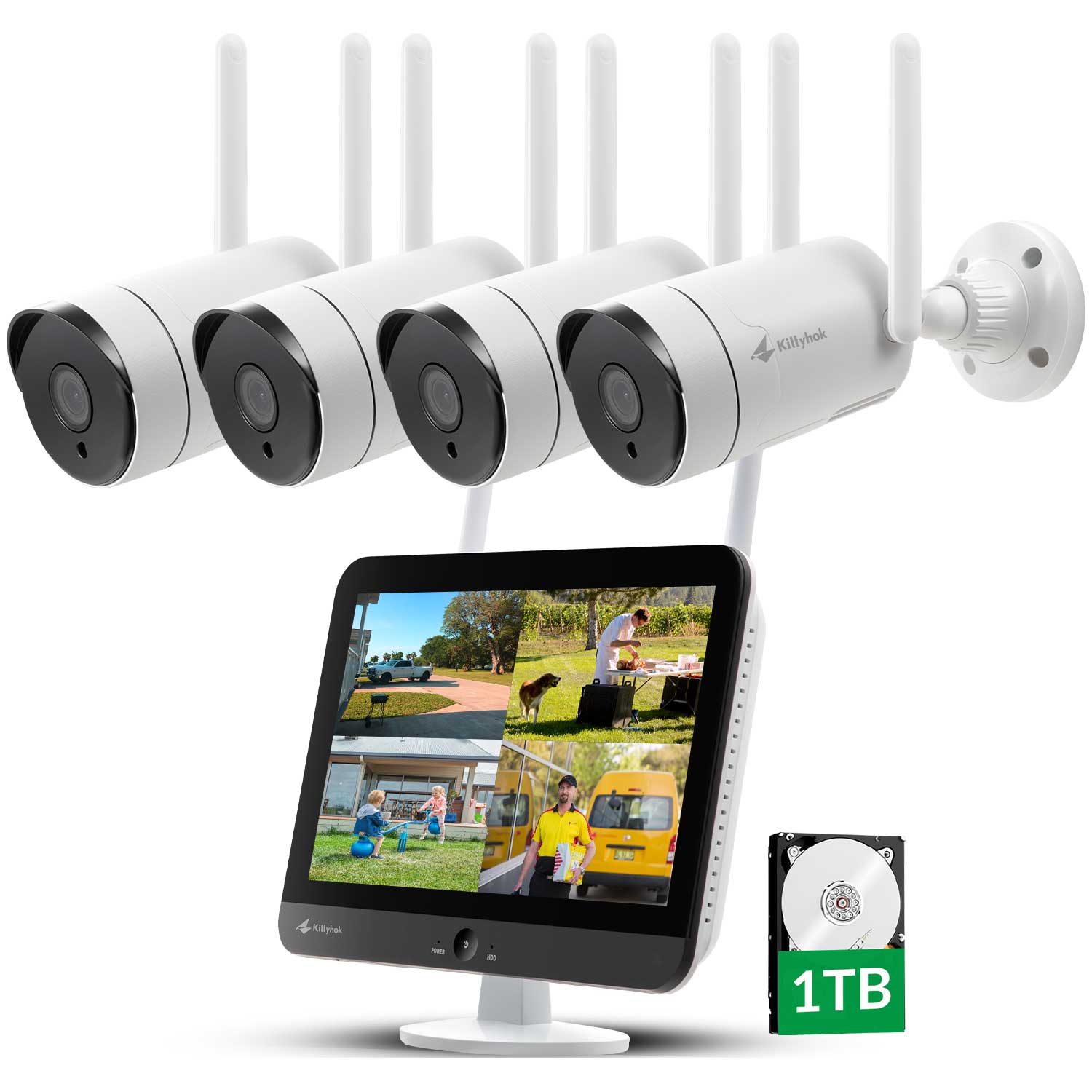 All in One 2K Wireless Security Camera System with 12" HD Monitor & 1TB HDD