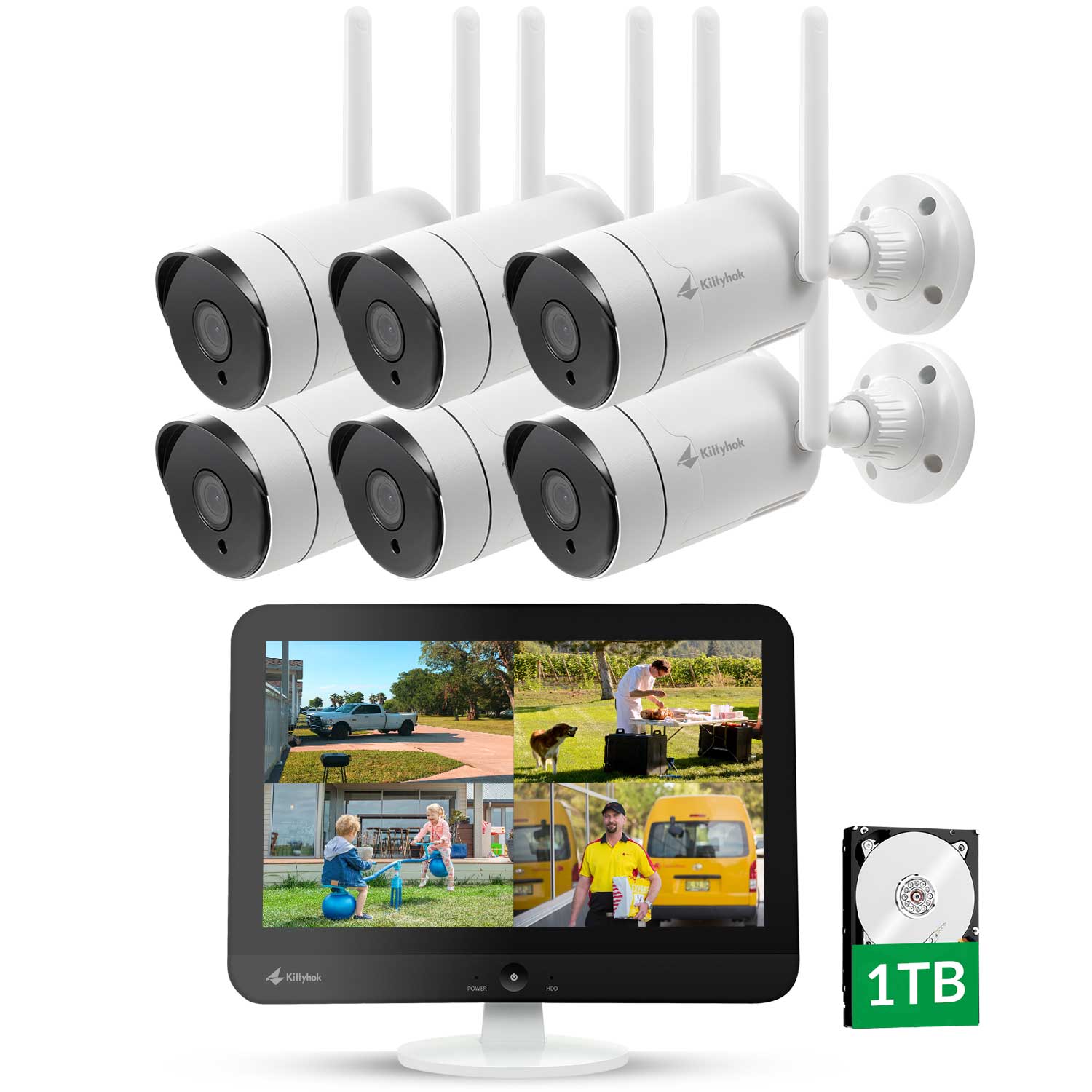 All in One 2K Wireless Security Camera System with 12" HD Monitor with 6 WIFI Camera & 1TB HDD